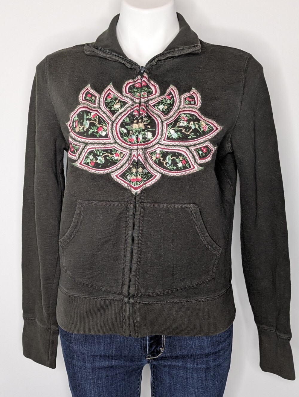 Vintage Y2K Lucky Brand Grey Pink Embroidered Lotus Flower Zip Up Hoodie L